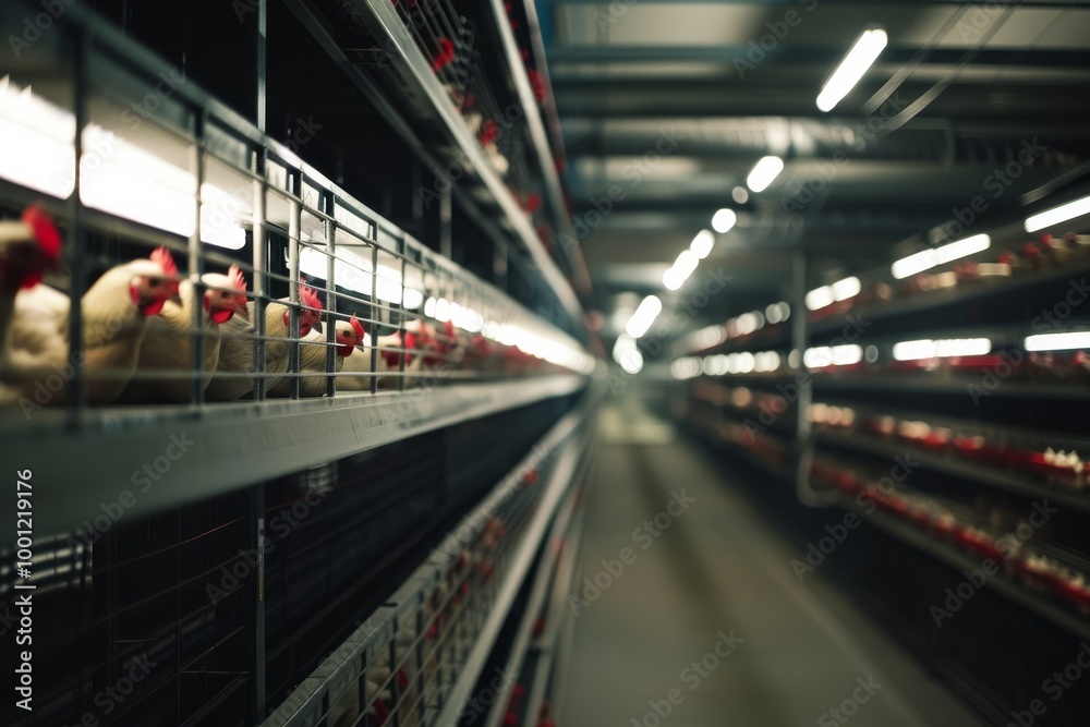 Obraz premium Rows of chickens in a modern poultry farm, with a perspective that captures the scale and systematic layout of the facility.