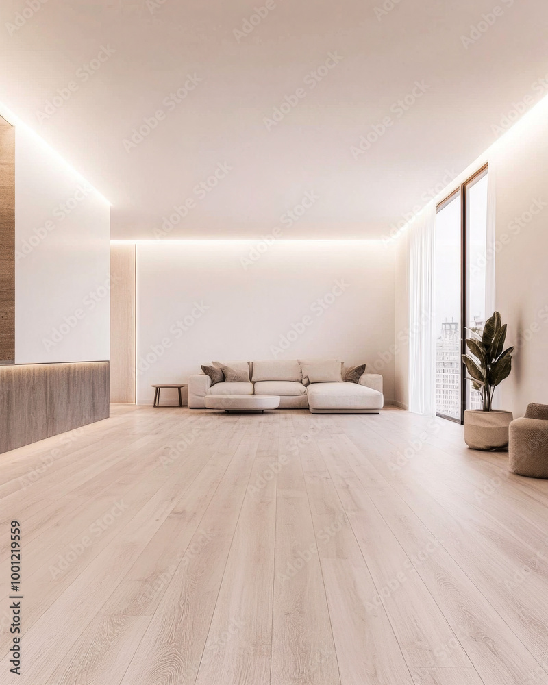 Fototapeta premium Modern minimalist living room with natural light and elegant furniture in a spacious apartment