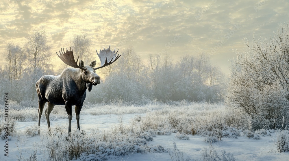 Moose Standing in Snowy Field at Sunrise Moose Standing in Snowy Field at Sunrise