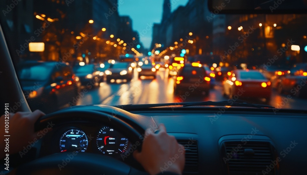 Night Drive in the City. City Lights from the Driver's Seat. Traffic Jam at Night. Road congestion in the city at night. Night Drive in the City. City Lights from the Driver's Seat. Traffic Jam at Night. Road congestion in the city at night.
