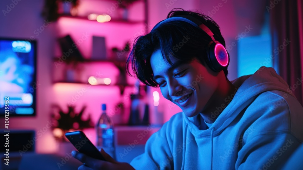 Asian Gamer Playing Competitive Video Game Online with Smartphone in Neon Room Asian Gamer Playing Competitive Video Game Online with Smartphone in Neon Room