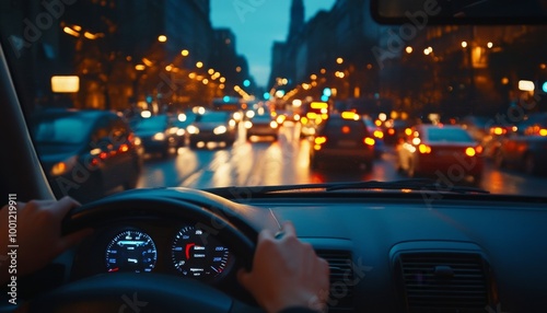 Night Drive in the City. City Lights from the Driver's Seat. Traffic Jam at Night. Road congestion in the city at night.