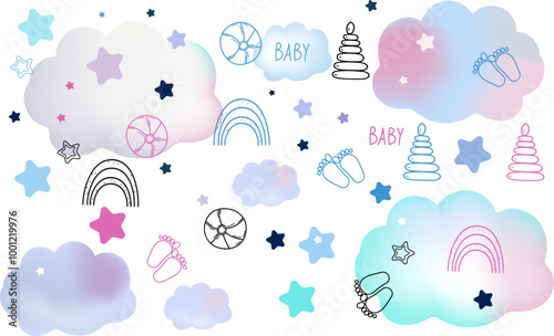 Baby shower png 3d icon set.  Doodle png elements for baby boy shower card. Baby toys and clouds, stars. Template for banner, poster, greeting card