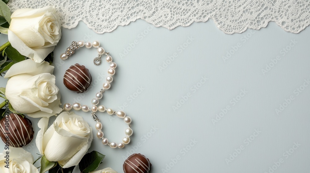 A beautiful arrangement of white roses, pearls, and chocolates on a soft background, perfect for celebrations and romantic occasions. A beautiful arrangement of white roses, pearls, and chocolates on a soft background, perfect for celebrations and romantic occasions.