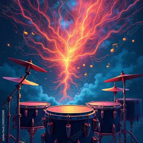 AI application blending with percussion music, neuronal network interweaving vibrant colors. Fusion of technology and art. Inviting emotion, abstract illustration.
