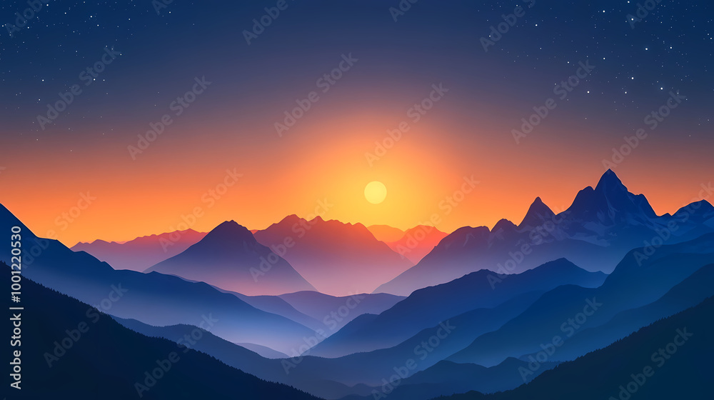 Mountain sunrise under the starry sky Mountain sunrise under the starry sky