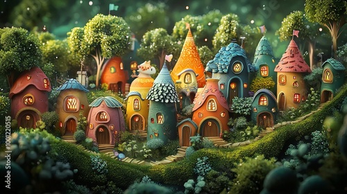 Fantasy miniature houses in a magical forest village photo