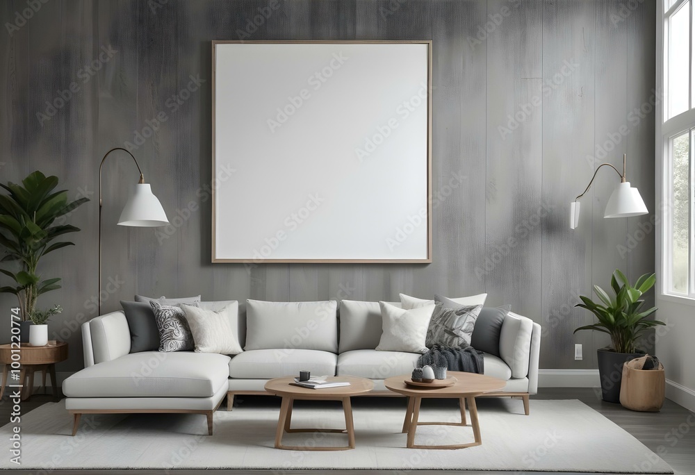 A modern living room with a large white framed artwork hanging on a gray wooden wall. The room features a comfortable gray sectional sofa.