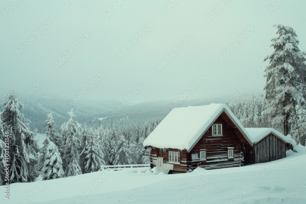 A cozy wooden cabin blanketed in thick snow stands amidst a calm, wintry forest, evoking warmth and serenity in a cold, white landscape. A cozy wooden cabin blanketed in thick snow stands amidst a calm, wintry forest, evoking warmth and serenity in a cold, white landscape.