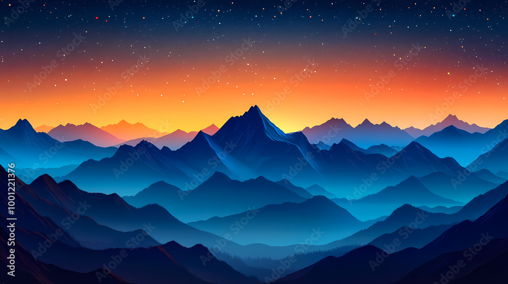 Naklejka premium Mountain sunrise under the starry sky