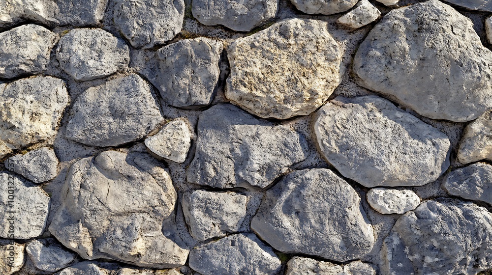 A close-up view of a stone wall made from various shapes and sizes of grey and white rocks.