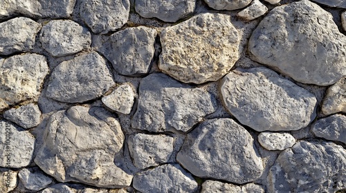 A close-up view of a stone wall made from various shapes and sizes of grey and white rocks.