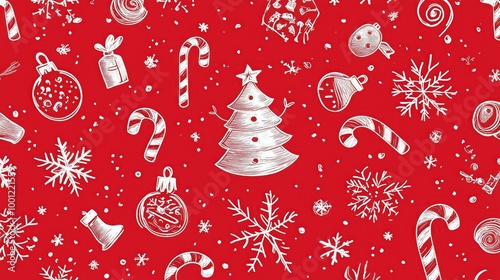 Various Christmas-themed elements like candy canes, snowflakes, and ornaments on a red background. photo