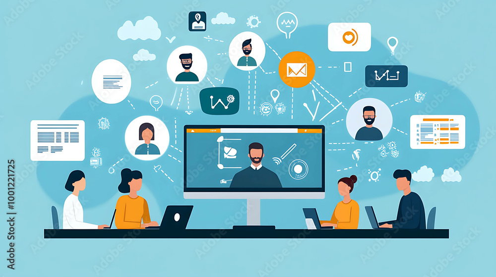A team of people have a video conference with a colleague on a large monitor with digital connections. A team of people have a video conference with a colleague on a large monitor with digital connections.