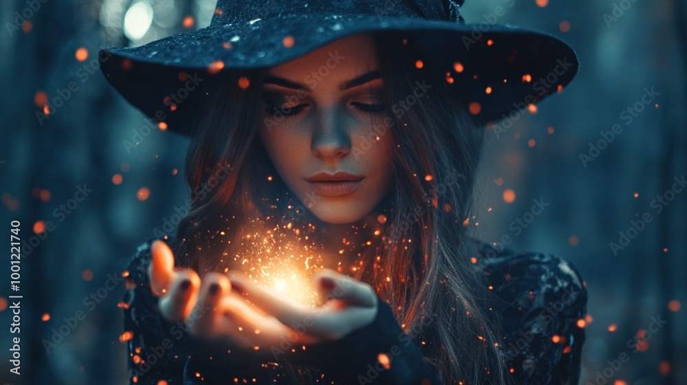 Enchanting sorceress conjures mystical light in her palms, surrounded by glowing embers in a dark forest. Her wide-brimmed hat and intense gaze evoke magic. Enchanting sorceress conjures mystical light in her palms, surrounded by glowing embers in a dark forest. Her wide-brimmed hat and intense gaze evoke magic.