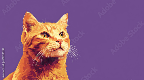 A cute orange cat with yellow eyes stares up at the camera.