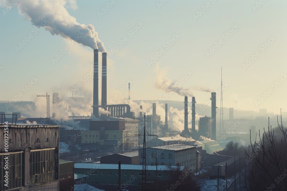 Fototapeta premium Industrial smokestacks release plumes of smoke into the sky, depicting pollution and the impact of industry on the environment.