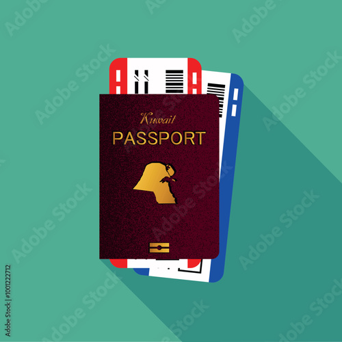 Vector passport with tickets. Air travel concept. Flat Design citizenship ID for traveler isolated. Blue international document - Kuwait