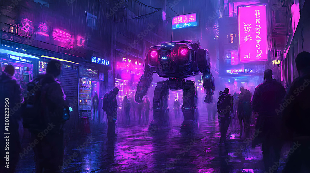 A large robotic mech walks down a futuristic city street, with neon lights reflecting off the wet pavement.