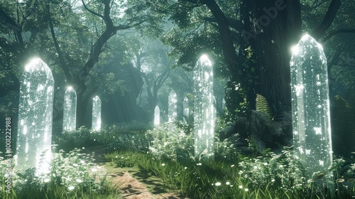 A hidden magical crystal in an ancient city deep within a lush fantasy forest, a backdrop of a magical world.