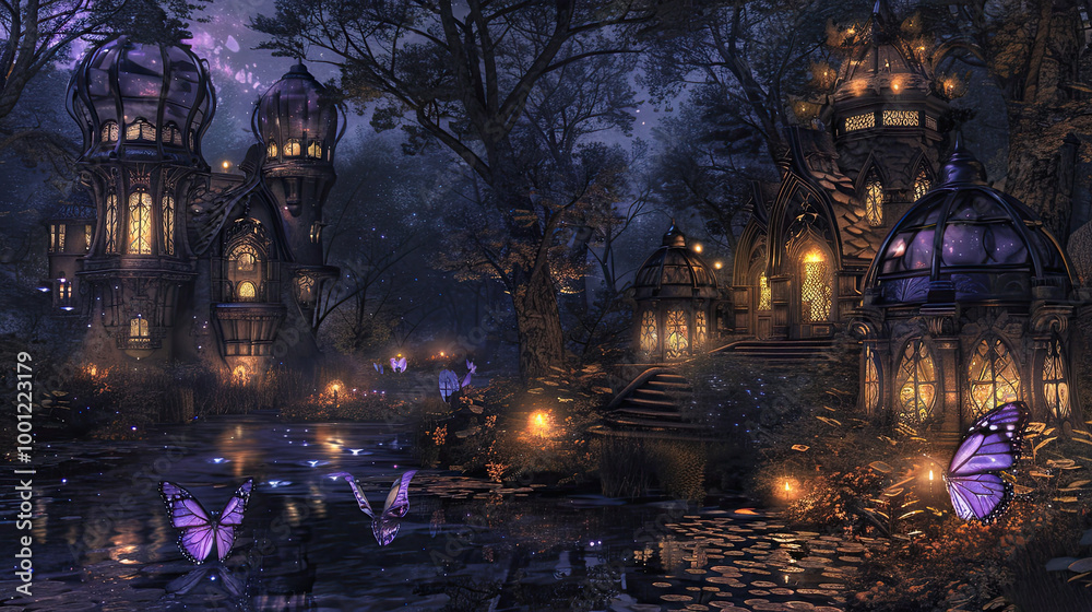A magical forest adorned with lanterns emitting a magical glow, a backdrop of a whimsical fantasy world. A magical forest adorned with lanterns emitting a magical glow, a backdrop of a whimsical fantasy world.