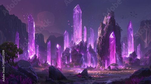 A hidden magical crystal in an ancient city deep within a lush fantasy forest, a backdrop of a magical world.