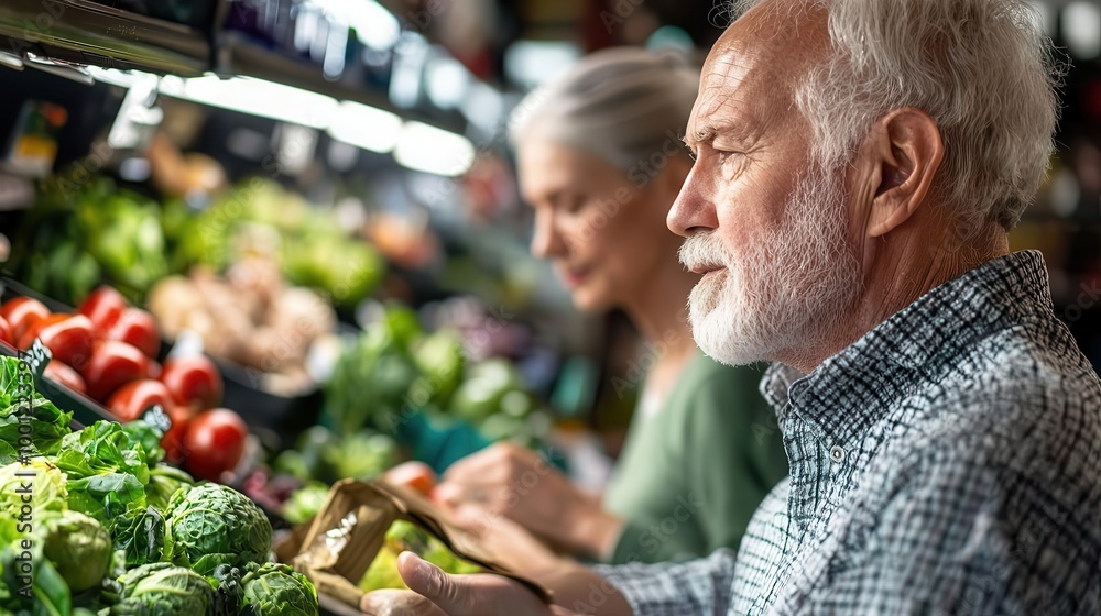 Elderly couple shopping for organic produce, bright and clean grocery store, organic nutrition, healthy aging Elderly couple shopping for organic produce, bright and clean grocery store, organic nutrition, healthy aging