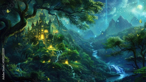 Wallpaper Mural An ancient city nestled within a magical forest, a backdrop of a vibrant fantasy world. Torontodigital.ca