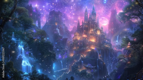 An ancient city nestled within a magical forest, a backdrop of a vibrant fantasy world.