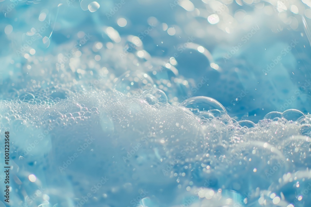 Soft bubbles floating in a dreamy blue sea, catching the light and creating a serene, ethereal atmosphere.