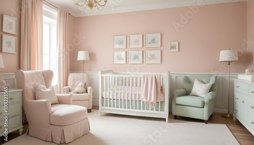 A cozy and elegant nursery with a white crib, a large beige armchair, and framed artwork on the walls.