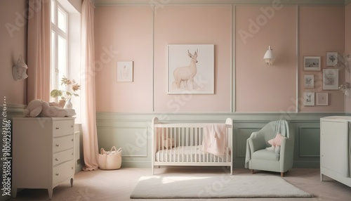 A cozy and elegant nursery with a white crib, a large beige armchair, and framed artwork on the walls.