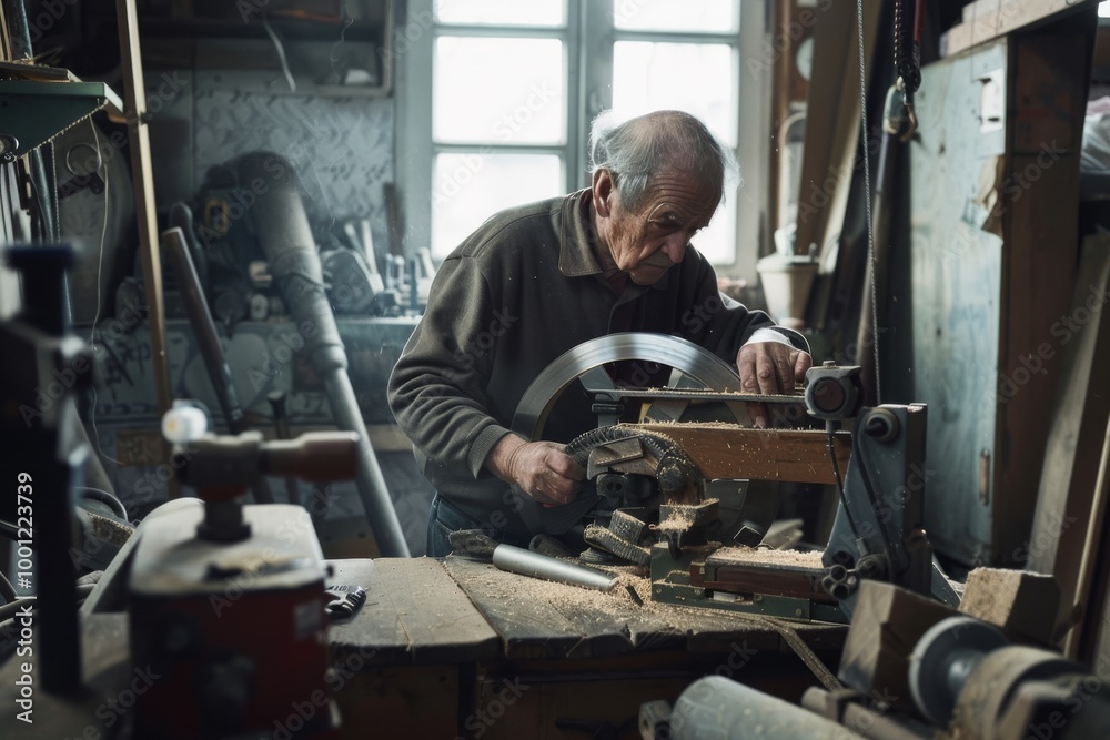 An elderly man meticulously working with wood in his workshop, surrounded by tools and machinery, embodying dedication and skilled craftsmanship. An elderly man meticulously working with wood in his workshop, surrounded by tools and machinery, embodying dedication and skilled craftsmanship.