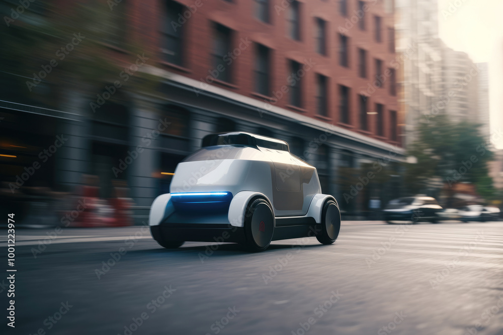 generated illustration of Autonomous delivery robot on the street. generated illustration of Autonomous delivery robot on the street.