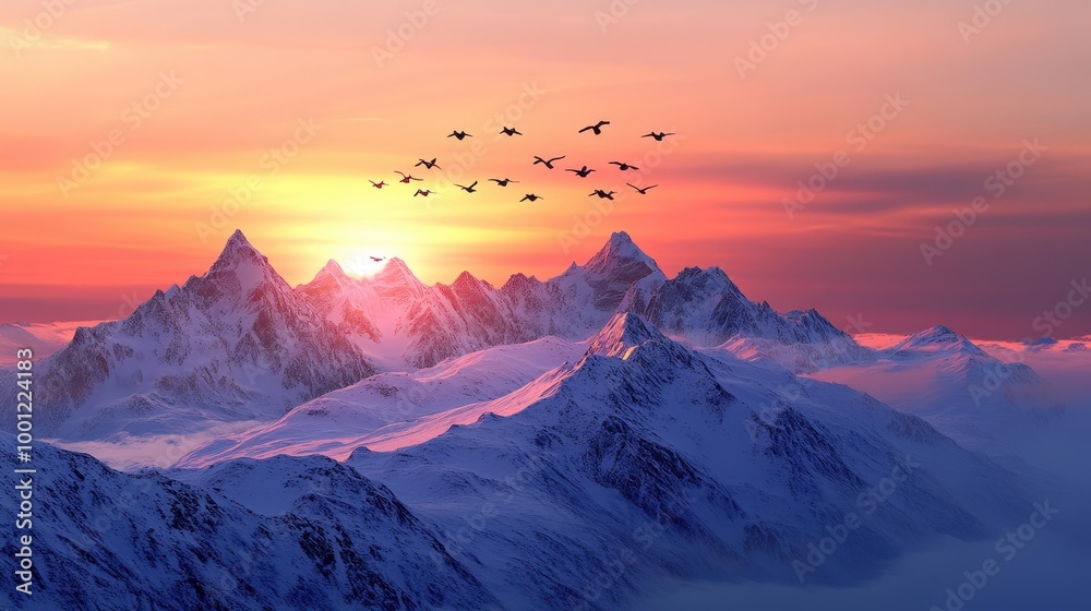 Flock of Geese Flying Over Snow-Capped Mountains Flock of Geese Flying Over Snow-Capped Mountains