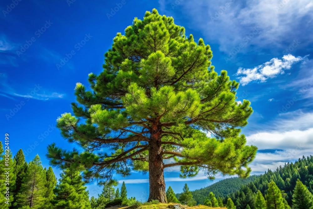 Serene and majestic pine tree stands tall against a clear blue sky, its lush green needles and branches Serene and majestic pine tree stands tall against a clear blue sky, its lush green needles and branches