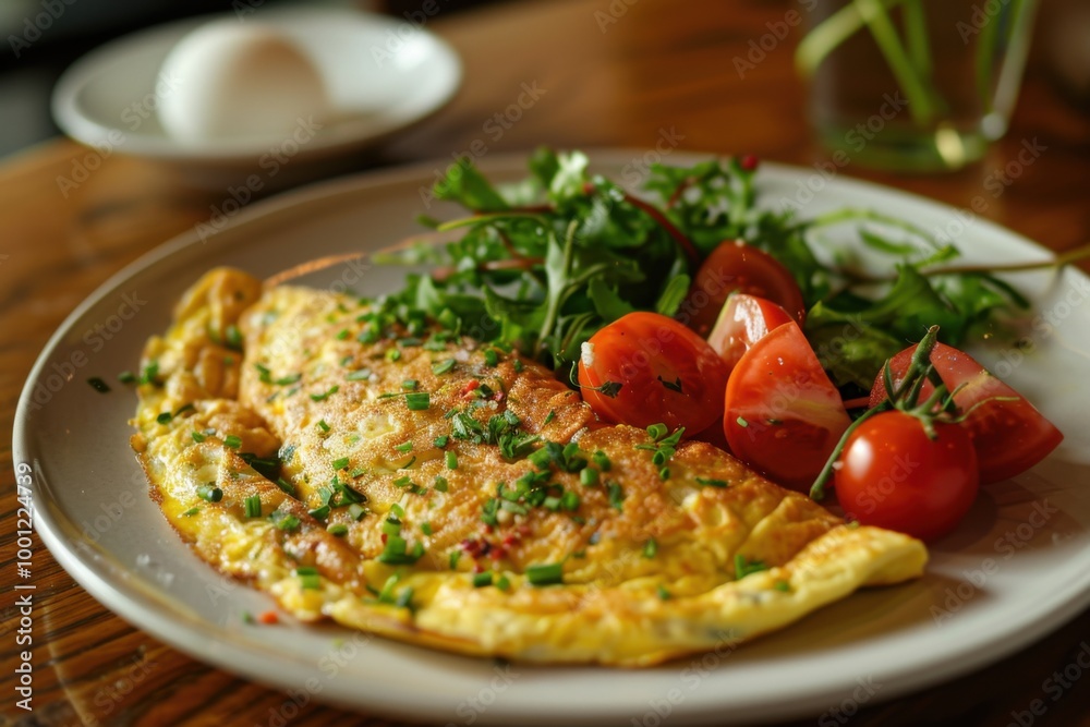 Fluffy omelette with cherry tomatoes and fresh greens for a vibrant healthy breakfast Fluffy omelette with cherry tomatoes and fresh greens for a vibrant healthy breakfast
