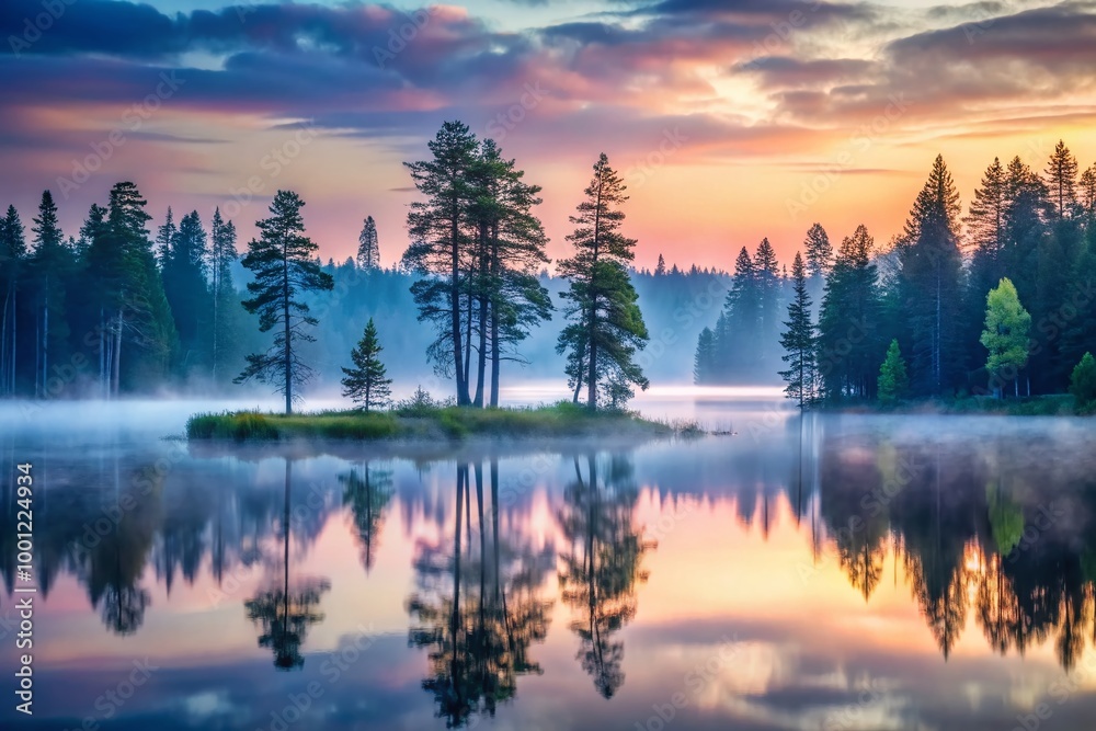 Serene forest landscape at dusk, with tall trees, misty fog, and a tranquil lake in the distance, evoking Serene forest landscape at dusk, with tall trees, misty fog, and a tranquil lake in the distance, evoking