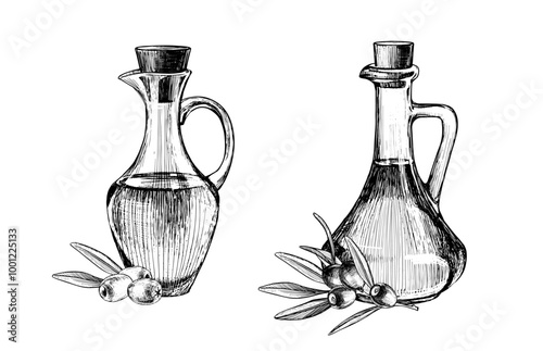 Jug of olive oil with berries engraving, vintage hand drawing, vector illustration isolated on white background. Farm banner.