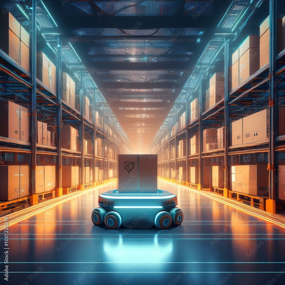 In the future of technology, envision a 3D smart warehouse concept. Witness automated robots seamlessly delivering order boxes in a cutting-edge, automated warehouse environment In the future of technology, envision a 3D smart warehouse concept. Witness automated robots seamlessly delivering order boxes in a cutting-edge, automated warehouse environment