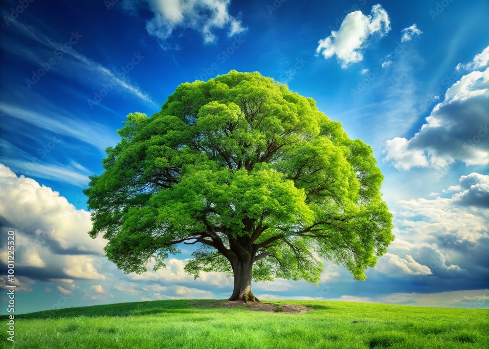 Obraz premium Serene landscape featuring a majestic deciduous tree with sprawling branches and vibrant green leaves set against a