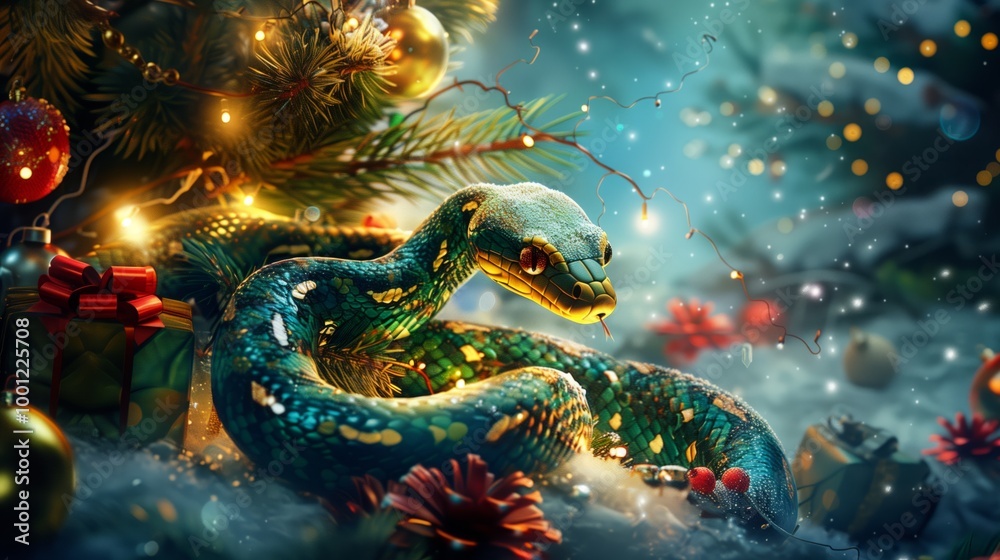 Fototapeta premium A snake is curled up on a Christmas tree