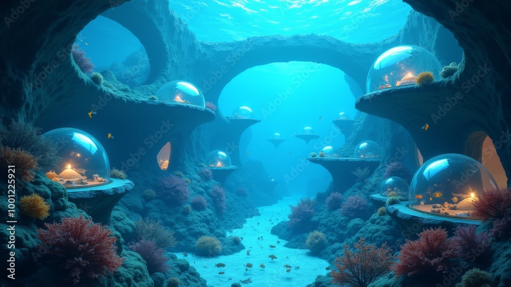 Fototapeta premium Generative AI, a underwater scene with a large aquarium and corals and fish in it's water tank, with a fish swimming in the water, 3 d render, a matte painting, fantasy art 