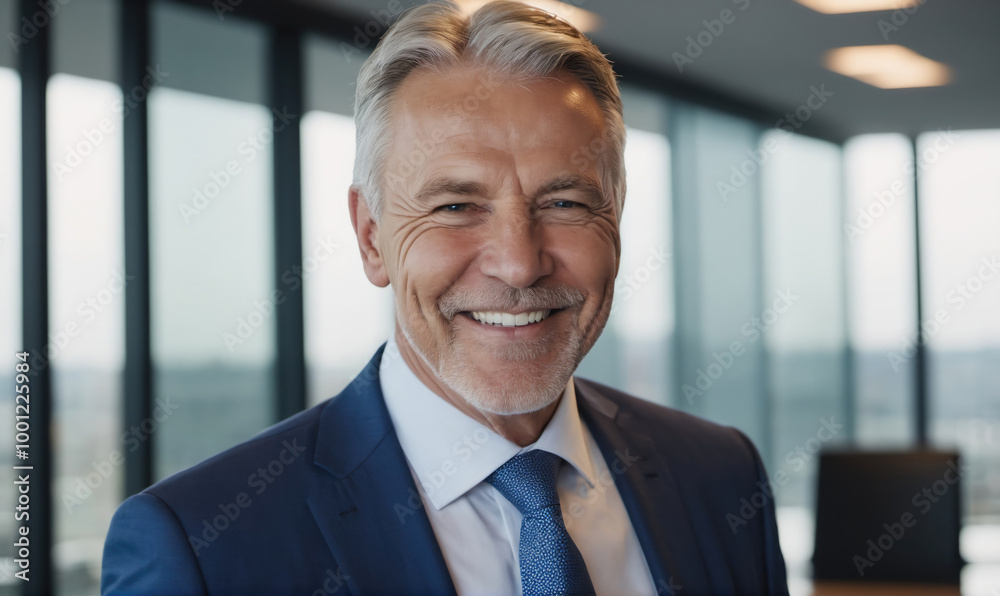 A businessman smiles confidently while standing in a modern office building A businessman smiles confidently while standing in a modern office building