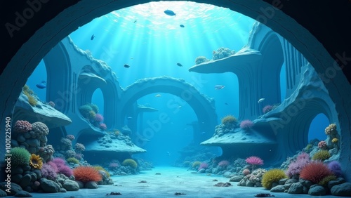 Generative AI, a underwater scene with a large aquarium and corals and fish in it's water tank, with a fish swimming in the water, 3 d render, a matte painting, fantasy art

