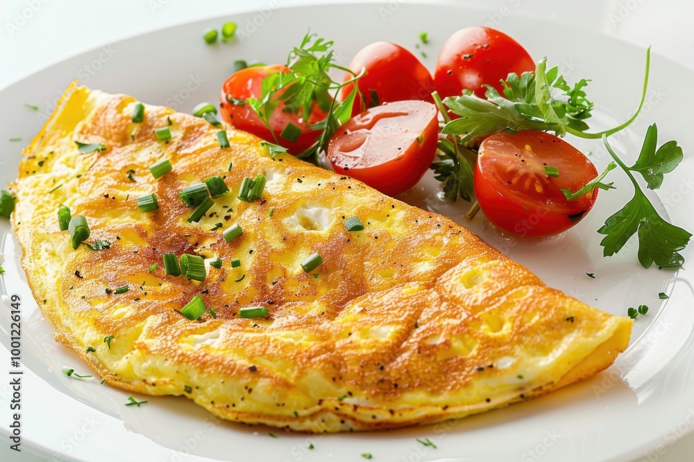 Fluffy omelette served with fresh greens and cherry tomatoes for a healthy breakfast Fluffy omelette served with fresh greens and cherry tomatoes for a healthy breakfast