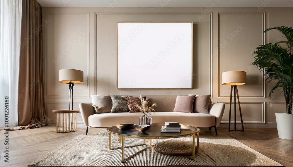 Luxury living room with poster mockup, showcasing upscale interior aesthetics Luxury living room with poster mockup, showcasing upscale interior aesthetics