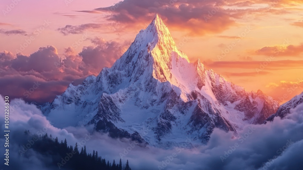 A majestic snow-capped mountain illuminated by a colorful sunset amidst clouds.