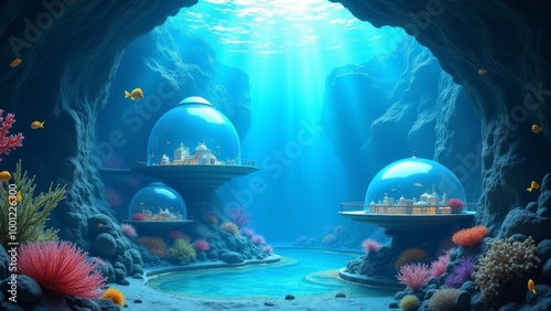 Generative AI, a underwater scene with a large aquarium and corals and fish in it's water tank, with a fish swimming in the water, 3 d render, a matte painting, fantasy art
