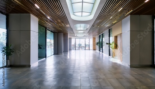 Modern empty foyer or office corridor with sleek clean layout. Idea indoor photos minimal style bright illumination office design lobby